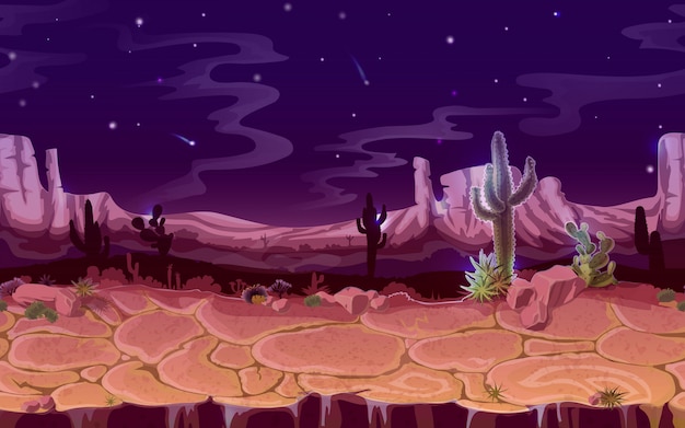 シームレスな砂漠の夜景 漫画のゲーム バナーの背景 プレミアムベクター