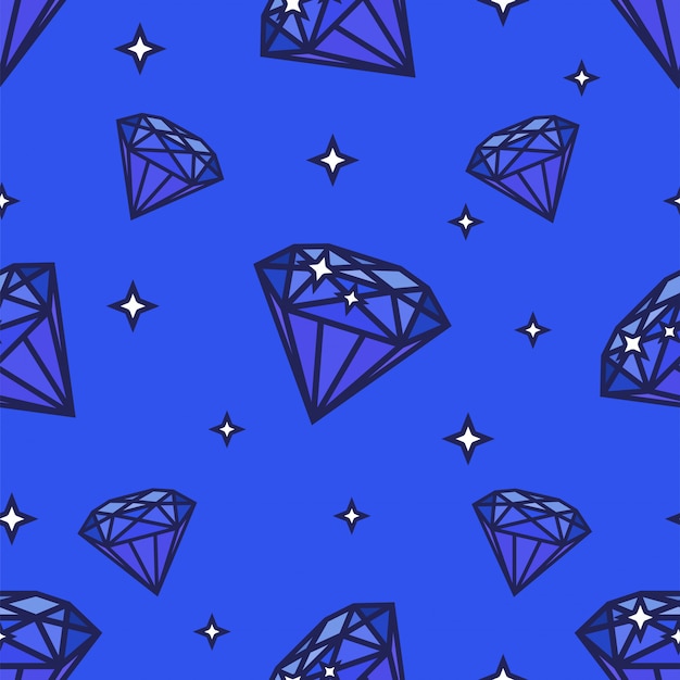 シームレスダイヤモンドパターン 青い背景上のイラスト 宝石の形と星 プレミアムベクター