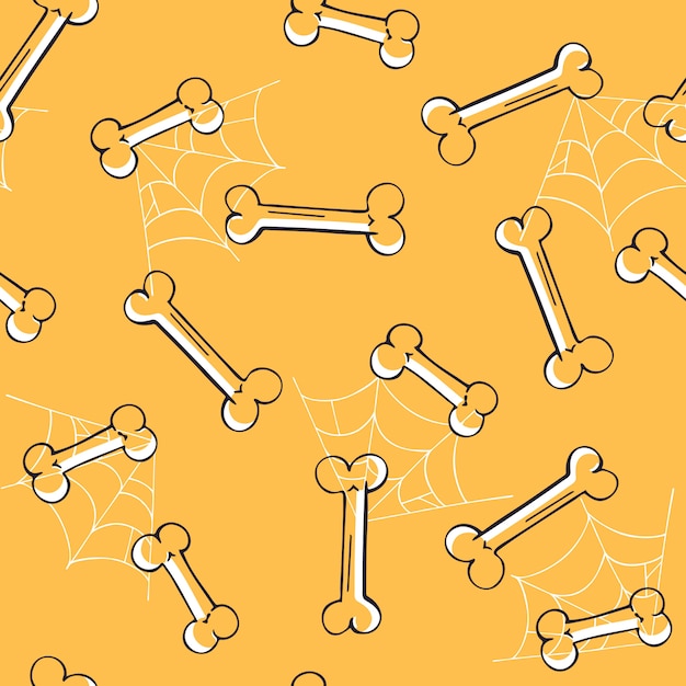 Seamless doodle halloween pattern with bones on yellow Premium Vector