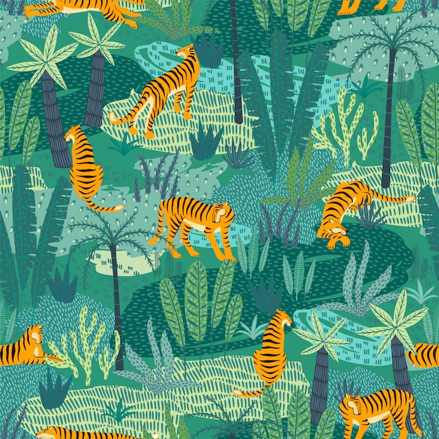 Seamless exotic pattern with tigers in the jungle. Premium Vector
