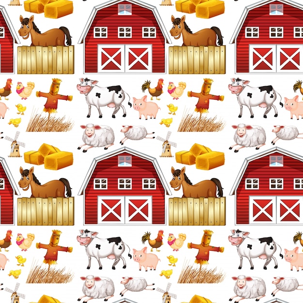 Seamless Farm Animals And Red Barn Free Vector