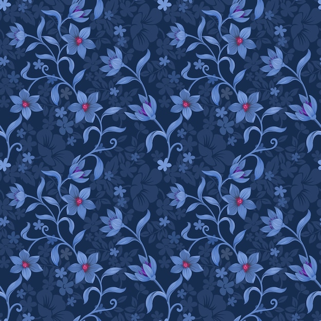 青のモノクロ背景ファブリックテキスタイル壁紙にシームレスな花柄 プレミアムベクター