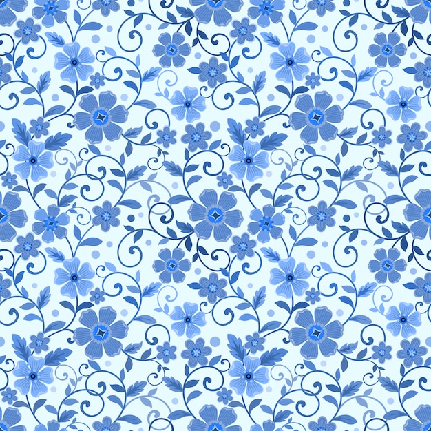 青いモノクロ背景ファブリックテキスタイル壁紙にシームレスな花柄 プレミアムベクター