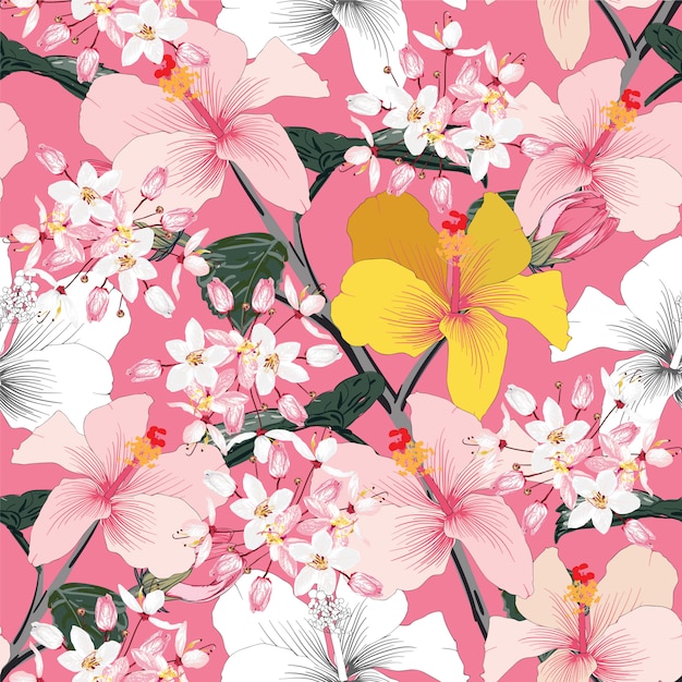 Seamless floral pattern pink pastel color hibiscus flowers ...
