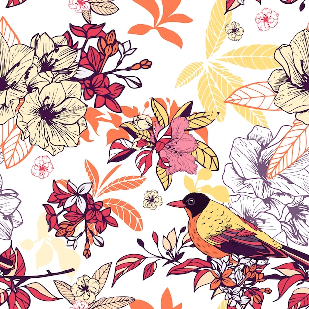 Download Free Vector | Seamless floral pattern with bird