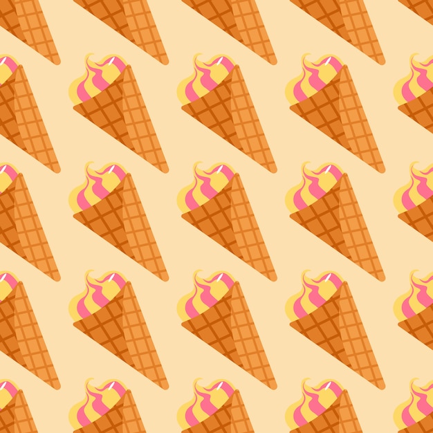 ベージュの明るい背景にワッフルコーンのアイスクリームとシームレスな食品パターン 壁紙 包装紙 テキスタイルプリント ファブリックの装飾的な背景 図 プレミアムベクター