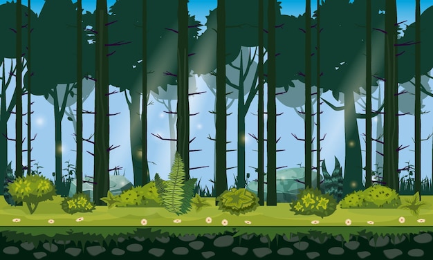 ゲームアプリのシームレスな森の風景の水平方向の背景は 自然の森の木の茂みを設計します プレミアムベクター