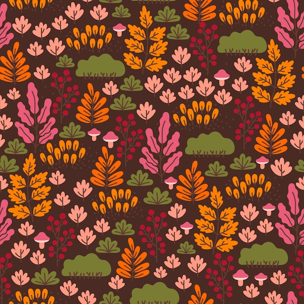 暗い背景にキノコ 果実 紅葉とのシームレスな森のパターン 秋の壁紙 プレミアムベクター