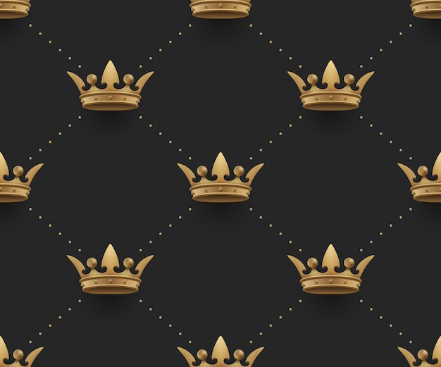 Premium Vector | Seamless gold pattern with king crowns on a dark black