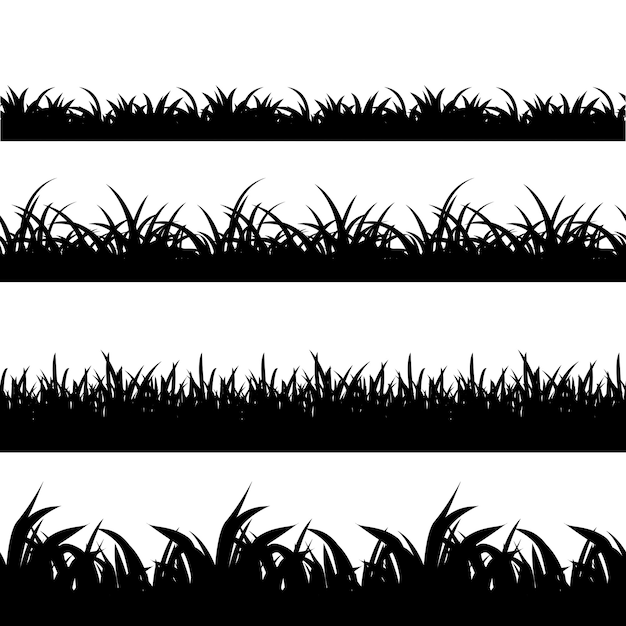 シームレスな草黒シルエットベクトルセット 風景自然 植物 フィールドのモノクロイラスト 無料のベクター