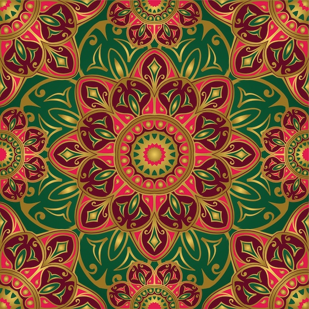 Premium Vector Seamless green and pink pattern with mandalas.