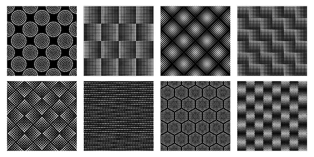 シームレスなハーフトーンの幾何学模様 点線のテクスチャ 抽象的な円の形とエレガントな黒と白のパターンセット プレミアムベクター