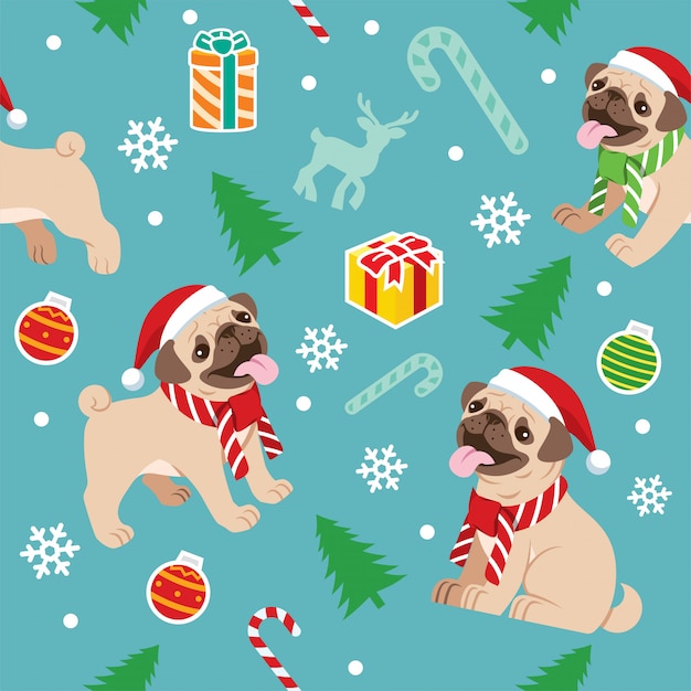 Download Seamless happy pug dog christmas pattern Vector | Premium ...