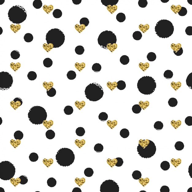 Seamless ink polka dot pattern with gold heart Premium Vector