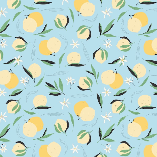 シームレスなレモンパターン 青色の背景にトレンディなイエローレモン グリーティングカード 壁紙 包装紙のデザインのモダンな手描きイラスト ジューシーな夏のフルーツの背景 プレミアムベクター