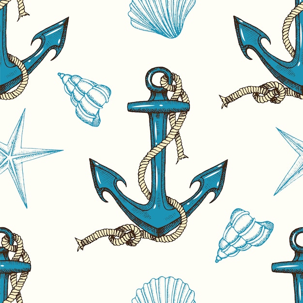 Seamless Nautical Pattern With Hand Drawn Anchors And Shells Vector Premium Download