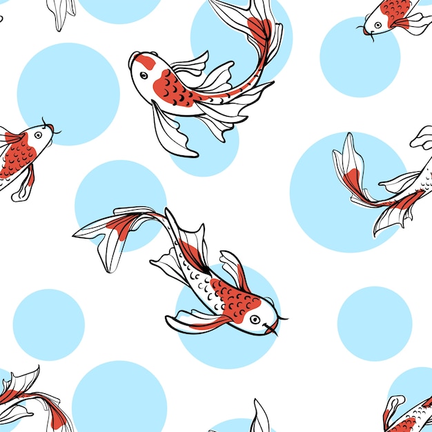 日本の鯉鯉とのシームレスなオリエンタルパターン 幸運のシンボル アジアの背景 イラスト ナチュラル生地のプリントデザイン プレミアムベクター