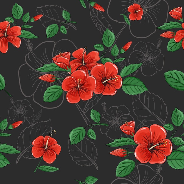 Premium Vector Seamless Pattern Background Of Tropical Red Hibiscus Flower In Abstract Dark Color Vector Design