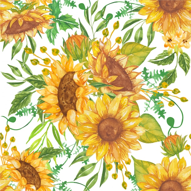 Seamless pattern of beautiful watercolor yellow sunflowers Premium Vector