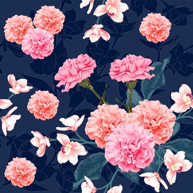 シームレスパターン植物ピンクのカーネーションと抽象的な暗い青色の背景にピンクの蘭の花 イラスト描画水彩風 プレミアムベクター