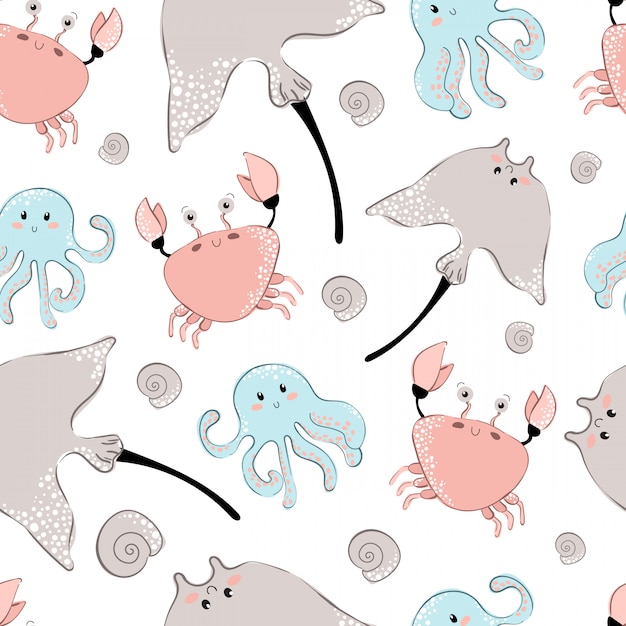Seamless pattern, cartoon stingray, crab, octopus Premium Vector