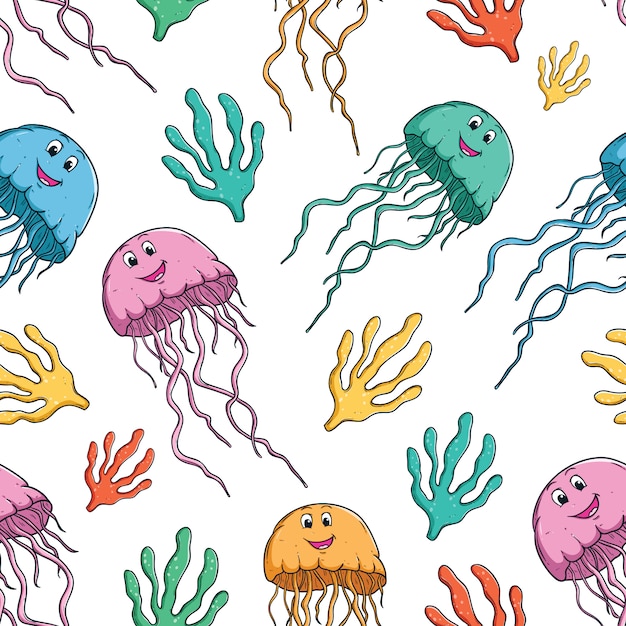 Seamless Pattern Of Colorful Jellyfish With Using Colored Hand Drawn Or