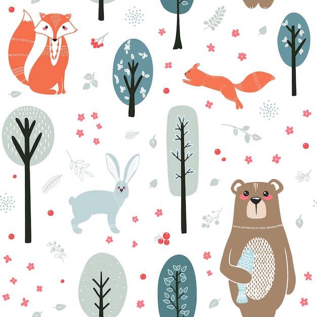 シームレスパターン 森 木 植物の背景にかわいい動物 クマ フォックス リス ウサギ 森の動物 スカンジナビア風のイラスト プレミアムベクター