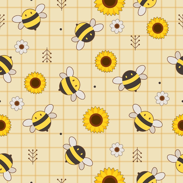 The seamless pattern of cute bee and sunflower and white flower on the yellow background. Premium Ve