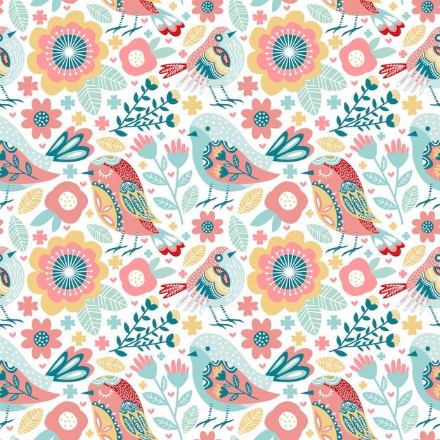 Premium Vector | Seamless pattern cute bird with colorful flower and ...