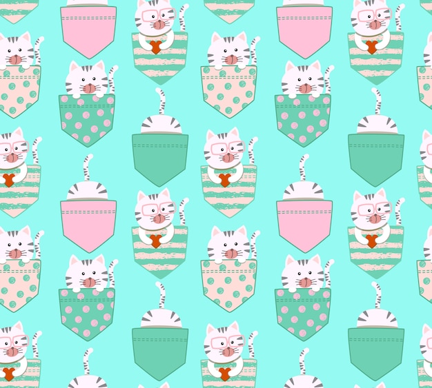 Seamless pattern cute cartoon little white and gray cat kitty Premium Vector