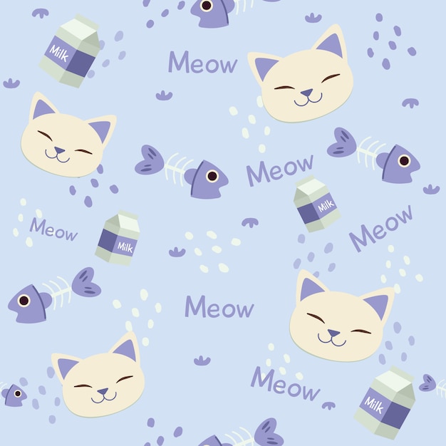 Seamless pattern of cute head of cat with fishbone and milk box Premium Vector