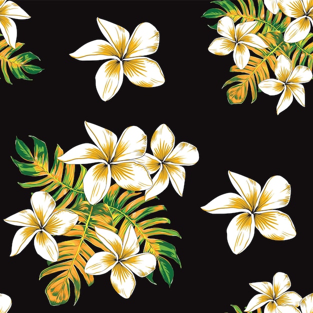 フランジパニの花とモンステラの葉の抽象的な背景と花のシームレスなパターン イラスト手描き プレミアムベクター