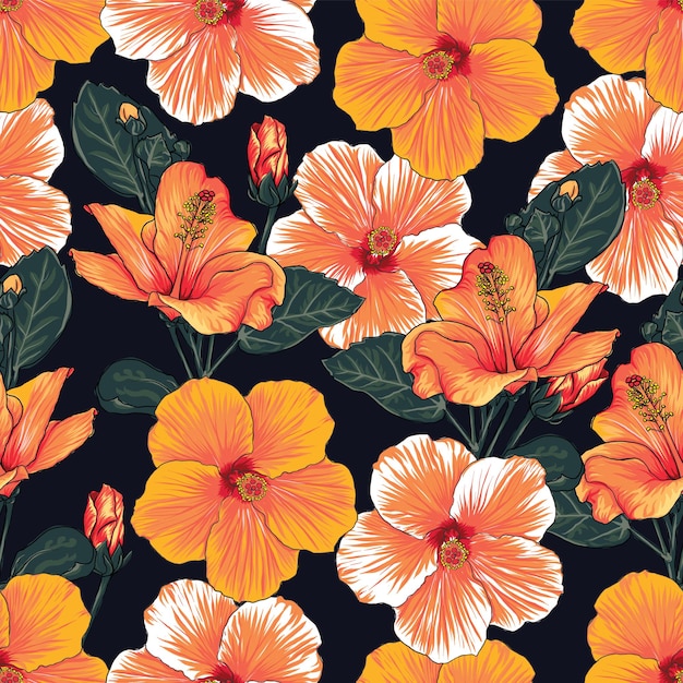 ハイビスカスの花の背景イラストと花のシームレスなパターン プレミアムベクター