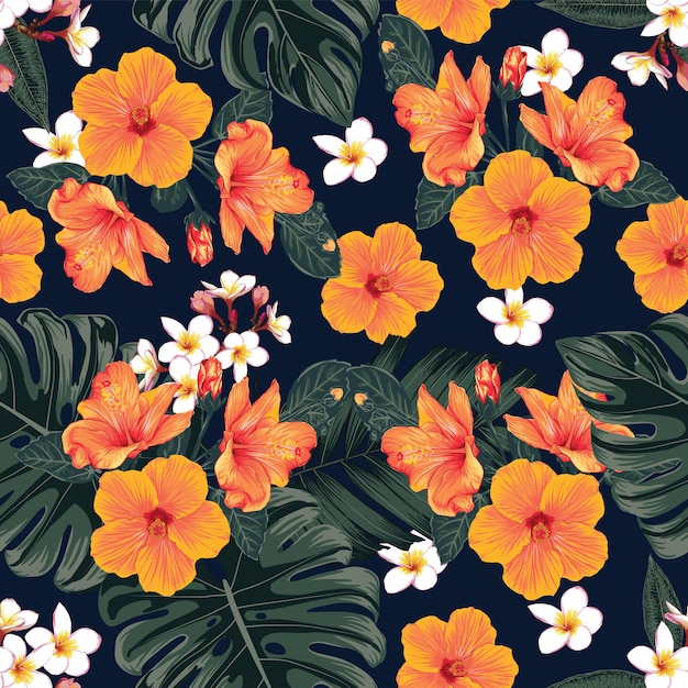 モンステラの葉とハイビスカス フランジパニの花の抽象的な背景と花のシームレスなパターン イラスト手描き プレミアムベクター