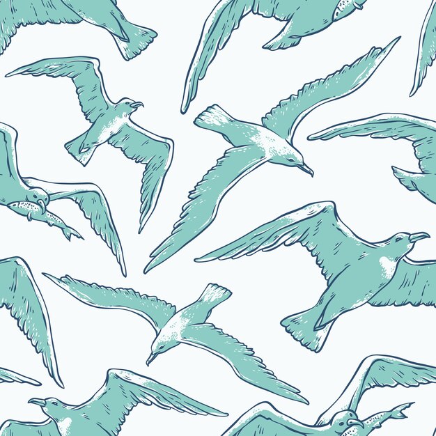 Seamless pattern flying seagulls. bird gull angler outline sketch monochrome turquoise illustration 
