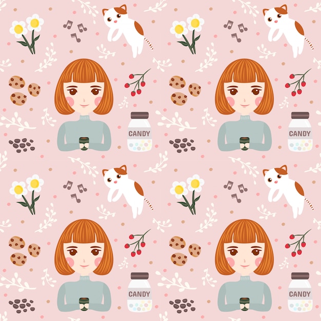 Seamless pattern girl pink bg Vector | Premium Download