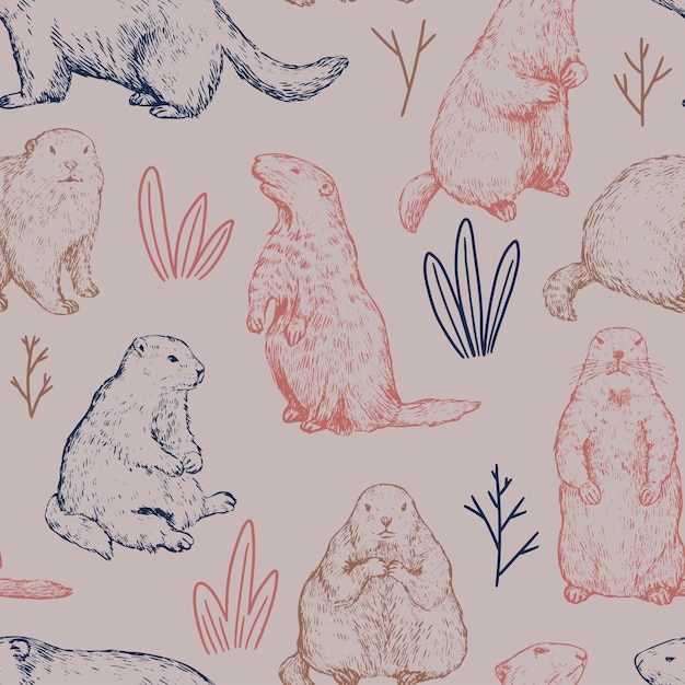 Premium Vector Seamless Pattern Of Groundhogs Marmot Sketches Hand Drawn Vector Illustration