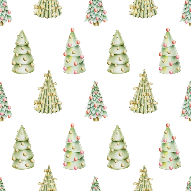 Seamless pattern of hand drawn christmas trees with decorations Premium Vector