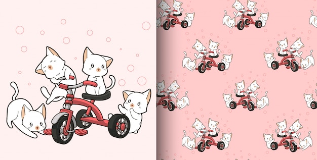 シームレスパターン手描きのかわいい猫が三輪車に乗っています プレミアムベクター