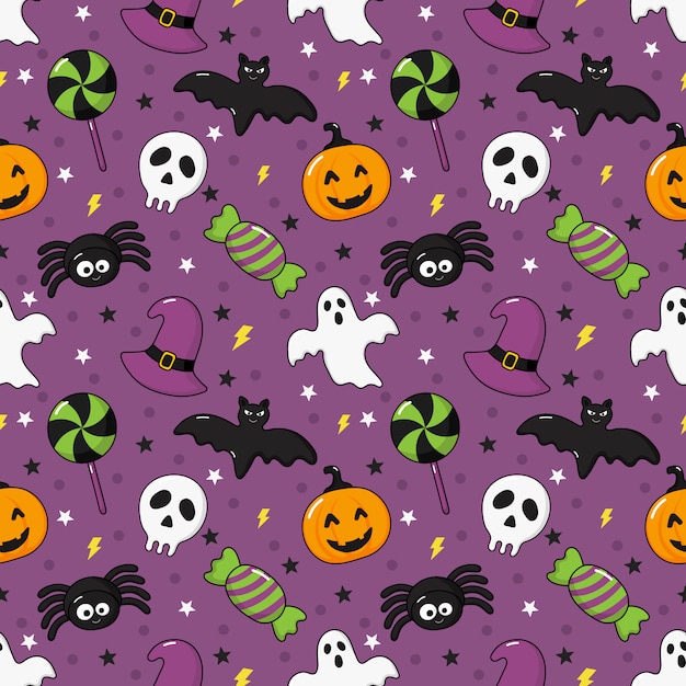 Premium Vector | Seamless pattern happy halloween icons isolated on purple