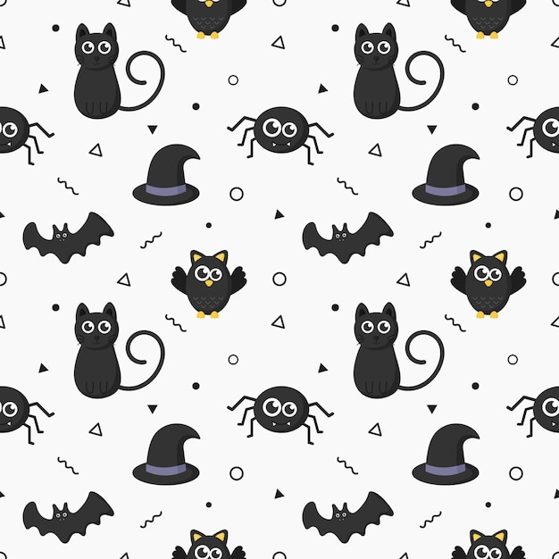 Seamless pattern happy halloween icons isolated on white background. Premium Vector