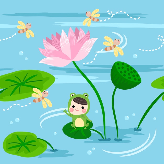 Seamless pattern happy kids in frog suit sit on the lotus leaf. Premium Vector