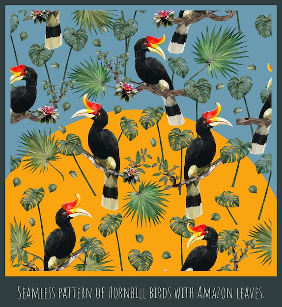 アマゾンの熱帯雨林サイチョウの鳥と葉のシームレスなパターンイラストアート プレミアムベクター