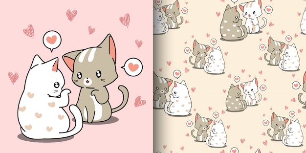 Premium Vector Seamless Pattern Kawaii Couple Cat Are Whispering Love With Heart Background