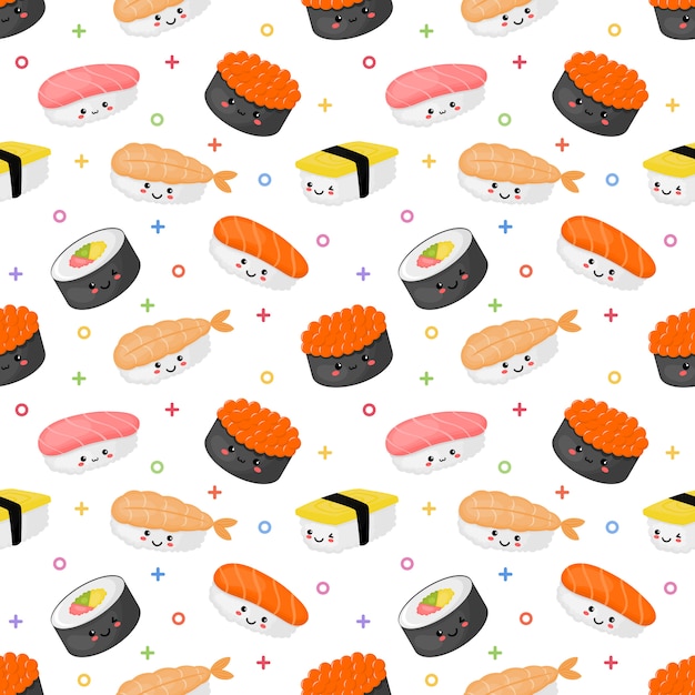 Seamless pattern kawaii sushi and sashimi Premium Vector