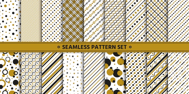 Seamless pattern line circle star set, paper wrap,  white gold black. Premium Vector