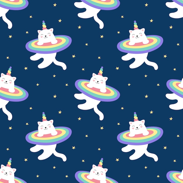 シームレスパターン魔法キティユニコーン 虹 星空 かわいい白猫が宇宙を飛びます 子供のための図 ラッピング ファブリック テキスタイル 壁紙用に印刷します プレミアムベクター