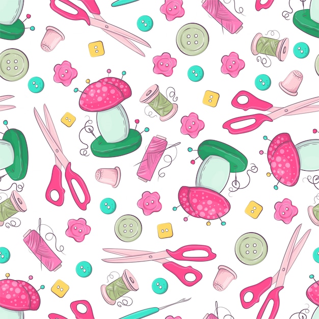 Seamless pattern of mannequin sewing accessories. Premium Vector