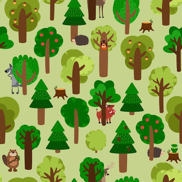 動物イラストセットと緑の木々のシームレスなパターン 無料のベクター