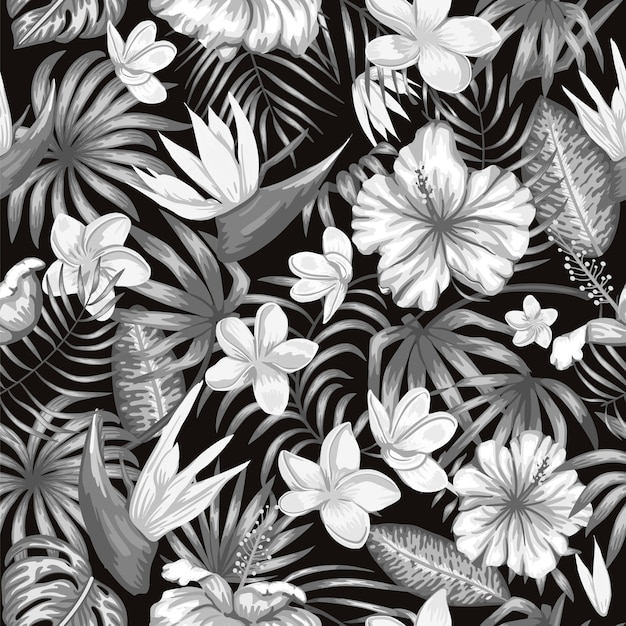 プレミアムベクター プルメリア ストレチア ハイビスカスの花と白黒の熱帯の葉のシームレスなパターン